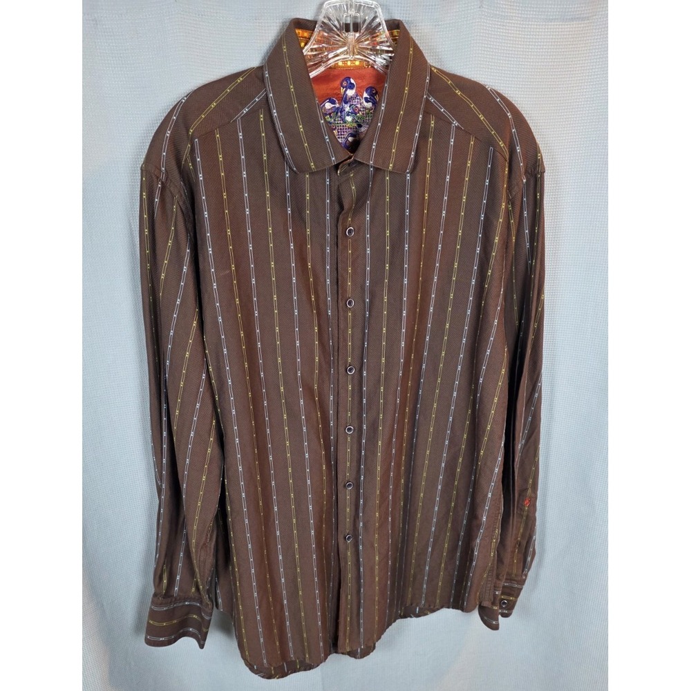Robert Graham Flip Cuff Long Sleeve Shirt Mens L Brown‎ Striped Peacock Edition